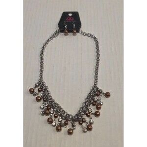 Paparazzi Necklace Earring Set You May Kiss the Bride Brown & Silver Tone Y2K